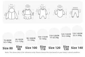 Tableau des tailles de shorts d'été pour filles avec mesures pour tailles de 73cm à 140cm