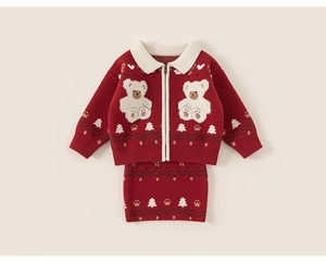 Close-up of girls red knit dress with white teddy bear patches and festive patterns