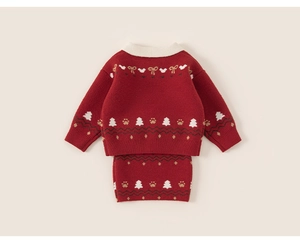 Detail of red knit two-piece set with festive Christmas tree patterns for girls