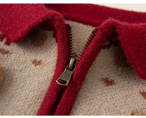 Detail of knitted sweater with copper zipper and burgundy contrast collar design
