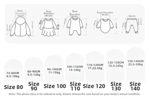 Detailed size chart for children long sleeve t-shirts and dresses with measurements