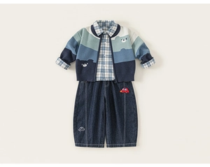 Detailed view of kids 3-piece set with knit cardigan, plaid shirt and denim jeans