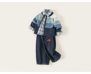 Detailed flat lay of boys plaid shirt with knitted cardigan and navy denim jeans set