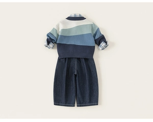 Flat lay of boy's 3-piece set featuring a knit sweater, plaid shirt, and denim jeans