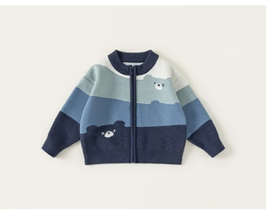 Close-up of children's striped knit cardigan with cartoon bear pattern and sturdy zipper
