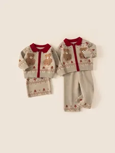 Kids Girls Knitted Acrylic Polyester Nylon Cardigan and Pants or Skirt Outfit Bear Christmas Tree Pattern Winter Clothes