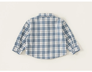 Close-up of boys' blue plaid cotton shirt featuring a turn-down collar and neat buttons