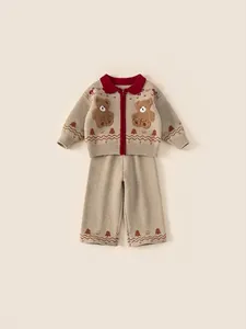 Children's knitted two-piece set with bear embroidery and festive Christmas tree patterns