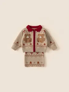 Girls beige knitted cardigan and skirt set with cute bear appliques and red accents