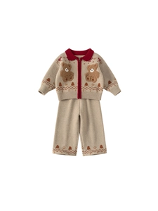 Knitted two-piece set with bear embroidery and Christmas tree patterns in beige and red
