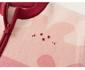 Macro detail of kids pink patchwork knit sweater showing ribbed collar and zipper quality