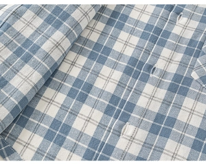 Detailed macro view of blue and white plaid shirt fabric texture with white buttons