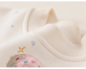 Detail of premium ribbed round neck and colorful 3D donut embroidery on cotton sweatshirt