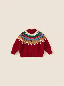Pull en tricot rouge pour filles avec motif jacquard Fair Isle et pompons en relief