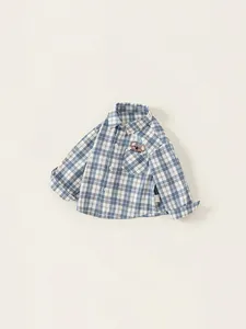Classic blue and white checkered kids long sleeve shirt with cute koala embroidery