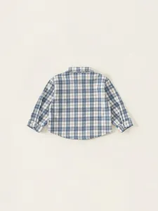 Classic blue and white checkered long-sleeve cotton shirt for children with a polo collar