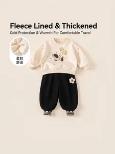 Winter fleece-lined kids sweatshirt and joggers set with cute puppy embroidery