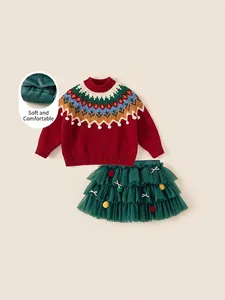 Ensemble de Noël pour Filles Pull Rouge et Jupe en Tulle Vert Haut en Tricot Jacquard Doublé de Polaire Tenues de Fête