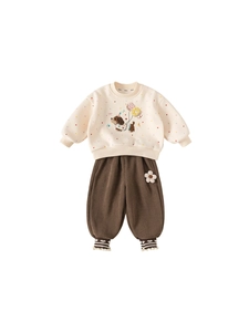 Winter fleece tracksuit for girls with cream embroidered sweatshirt and brown jogger pants
