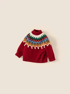 Pull rouge pour fille avec motif Fair Isle et pompons blancs pour l'hiver