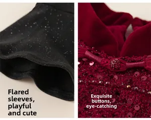 Detail of flared cuffs and traditional frog button on red velvet sequin dress