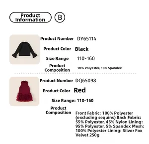 Detailed size chart and material specs for girls' red mesh dress and black long sleeve top