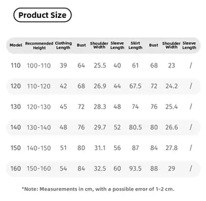 Detailed size chart for girls winter red dress and knitted top set with measurements