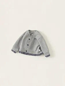 Grey knit cardigan for girls with blue plaid patchwork and delicate bow embroidery