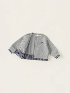 Girls heather grey knit cardigan with blue plaid patchwork sleeves and embroidery