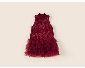 Close-up of girls' burgundy sequin bodice and layered mesh tulle tutu dress detail