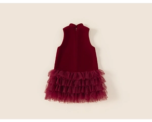 Detail of red sleeveless girls' holiday dress with tiered mesh skirt and high collar
