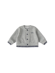 Girls' grey cardigan with plaid shirt hem, casual faux two-piece kids sweatshirt jacket