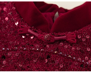 Close-up of traditional Chinese velvet collar with red sequins and handmade frog button
