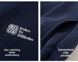 Detail of navy knit sweatshirt with white letter embroidery and side pocket structure