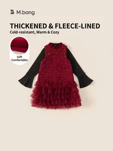 Festive Girls Sequin Tulle Dress Set Chinese New Year Fleece Lined Winter Clothing Red Black Patchwork Girls Outfit