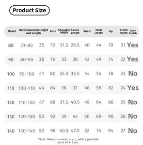 Detailed size chart for boys' two-piece outfit showing precise garment measurements