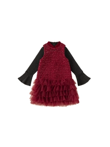 Girls festive wine red sequin dress with tiered tulle skirt and black long sleeves