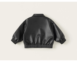Back view of kids black faux leather jacket with elastic cuffs and lapel collar