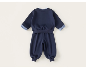 Detailed back view of navy boys' faux-layered sweatshirt with blue check collar details