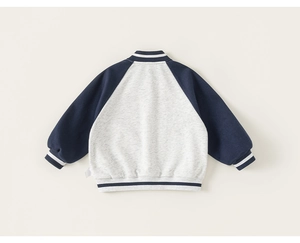 Back view of kids baseball jacket with raglan sleeves and striped ribbed knit cuffs