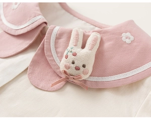 Detailed close-up of pink Peter Pan collar with plush bunny and cherry embroidery