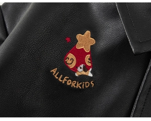Detail of lychee pattern leather jacket with colorful ALLFORKIDS embroidery patch