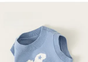 Detail shot showing the ribbed neckline and soft knit texture of the blue dog vest