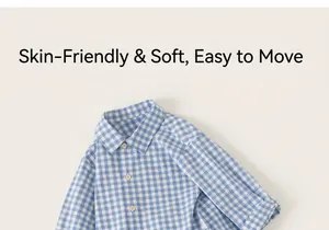 Detailed flat lay of boys blue plaid cotton shirt with button-down collar and soft fabric
