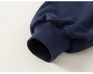 Close-up of navy blue long sleeve cuff featuring high-quality elastic ribbed knitting