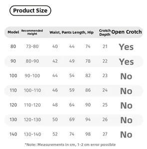 Detailed size chart for girls cotton jogger pants covering sizes from 80cm to 140cm