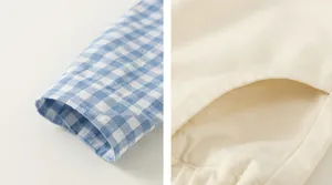 Detail of blue plaid cotton cuffs and side pockets on boys casual shirt and pants set