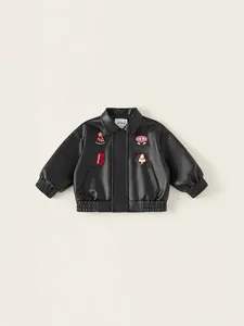 Toddler Kids PU Leather Jacket Fashion Embroidery Cartoon Patch Coat For Boys Girls Casual Spring Lapel Outerwear Clothing