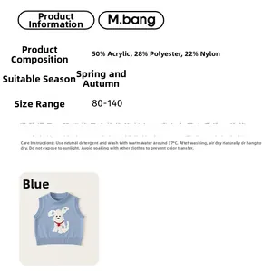 Detailed material tag of blue knit vest showing 50% acrylic and fabric composition