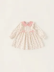Dolce Vestito a Maniche Lunghe Floreale da Bambina in Cotone Colletto Peter Pan Fiocco Stampa Volant Linea A Abbigliamento Casual